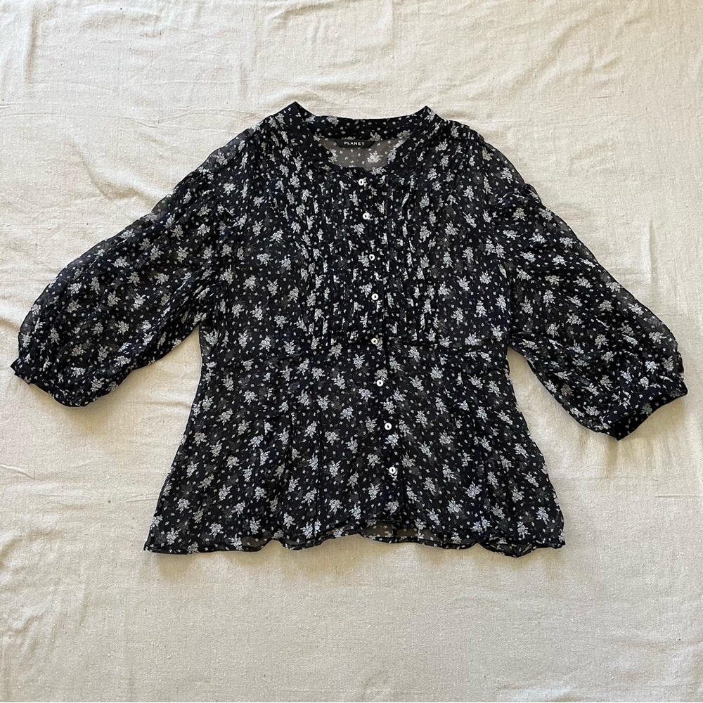 Planet Women’s 3/4 Sleeve Sheer Flowered Silk Blouse Size 12